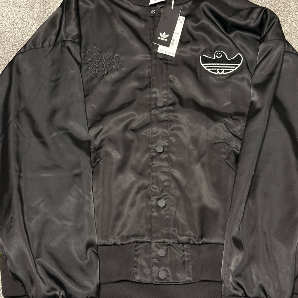 adidas Black Satin Bomber Jacket with Embroidery